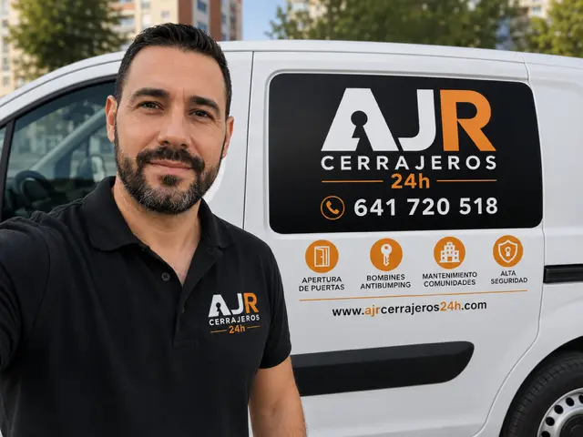 Profesional de AJR Cerrajeros junto a su vehículo de servicio